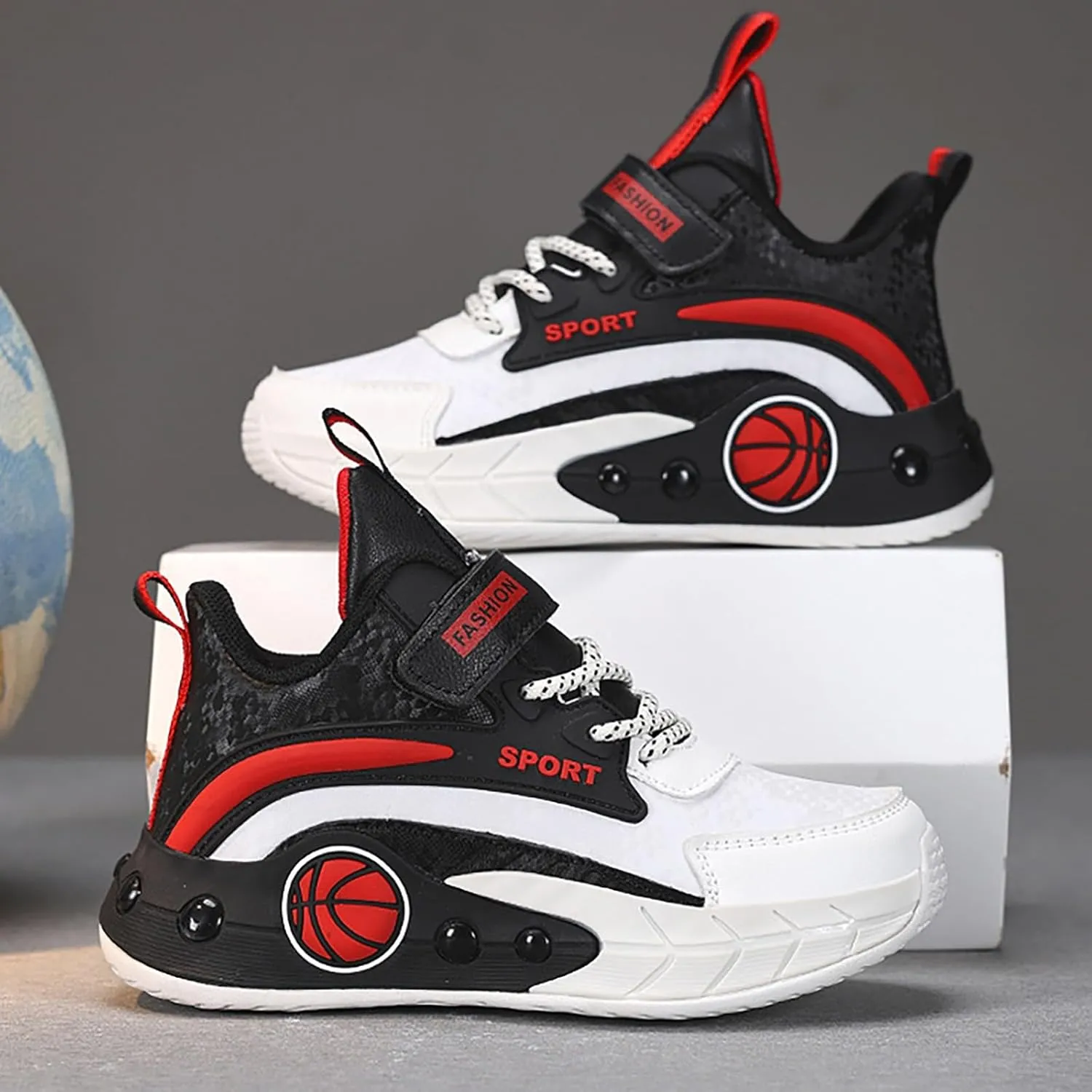 Childrens Boys Basketball Sneakers High Top Non Slip Padded Lace Sport Shoes Kids Flat Strap Breathable Sneakers