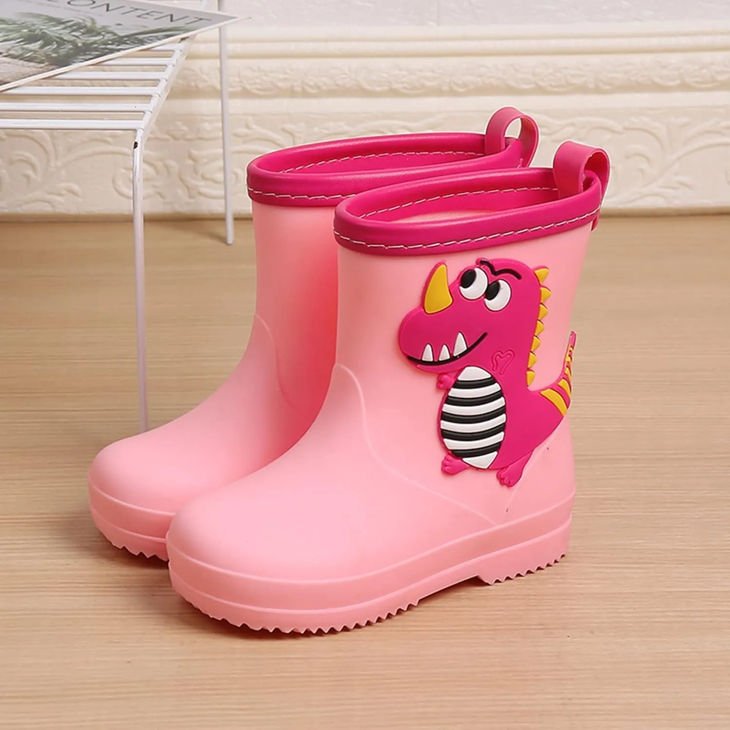 Classic Children Rain Boots PVC Rubber Children Water Shoes Waterproof Rain Boots Kids Baby Cartoon Outdoor Boots (Pink, 15.00)