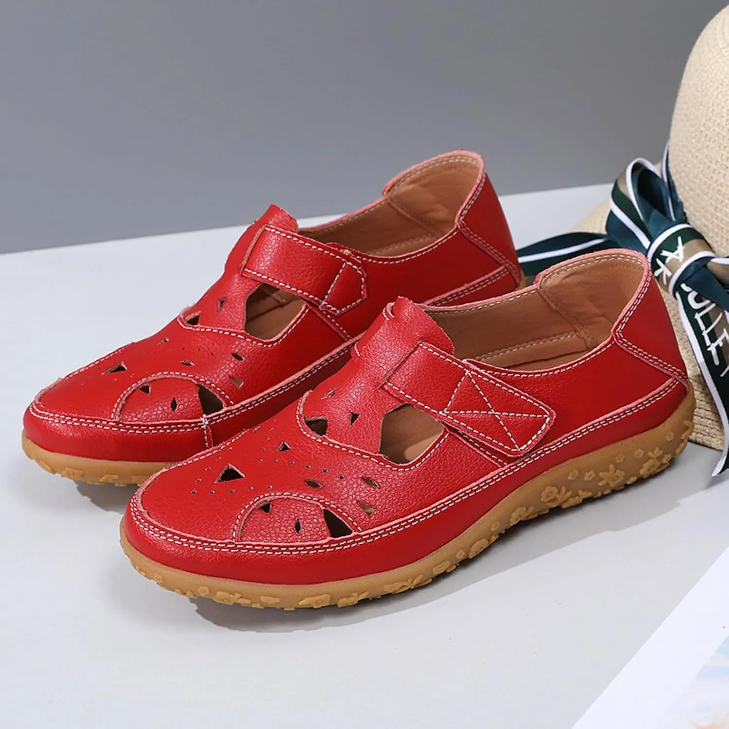 Closed Toe Sandals for Women 2025 Dressy Summer Comfortable Flat Sandals with Arch Support Breathable Hollow Out Flat Shoes Wide Width Orthopedic Sandal Dress Shoes