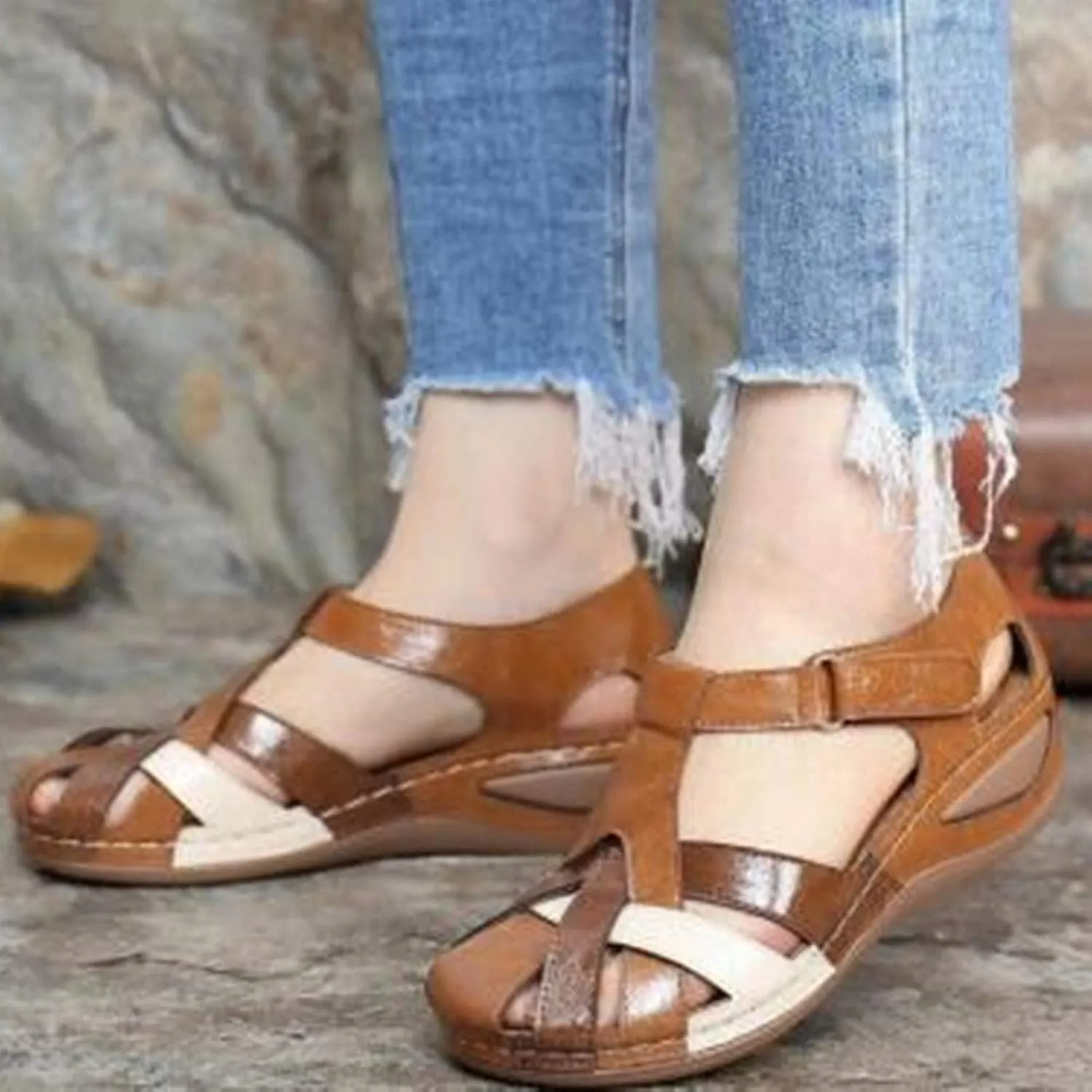Closed Toe Sandals for Women Dressy Summer Comfortable Platform Wedges Ankle Strap Slip On Wedge Sandals Arch Support Breathable Casual Hollow Out Sandal Dress Shoes