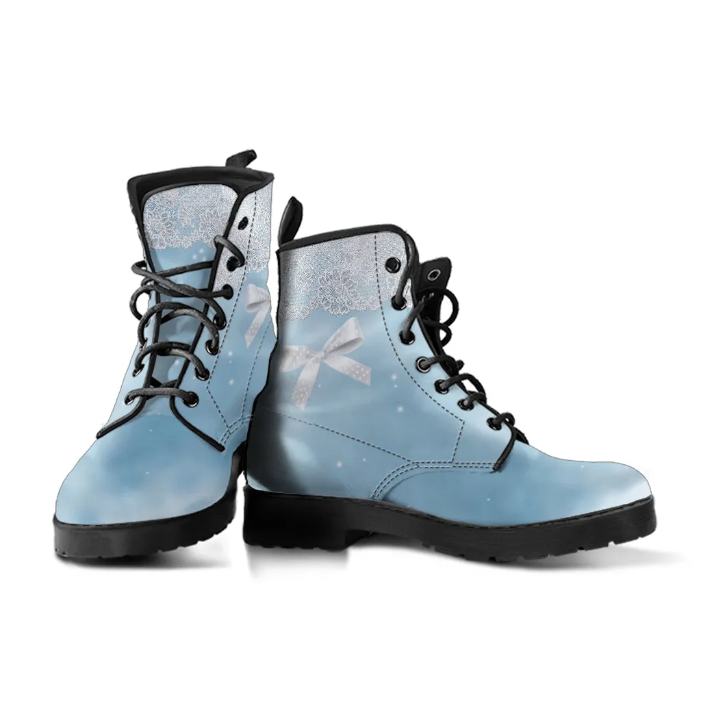 Combat Boots - Bow Series #101 Blue | Vegan Leather Handmade Lace Up Boots, Custom Shoes Boho, Vintage Style, Gift Idea, Aesthetic Shoes