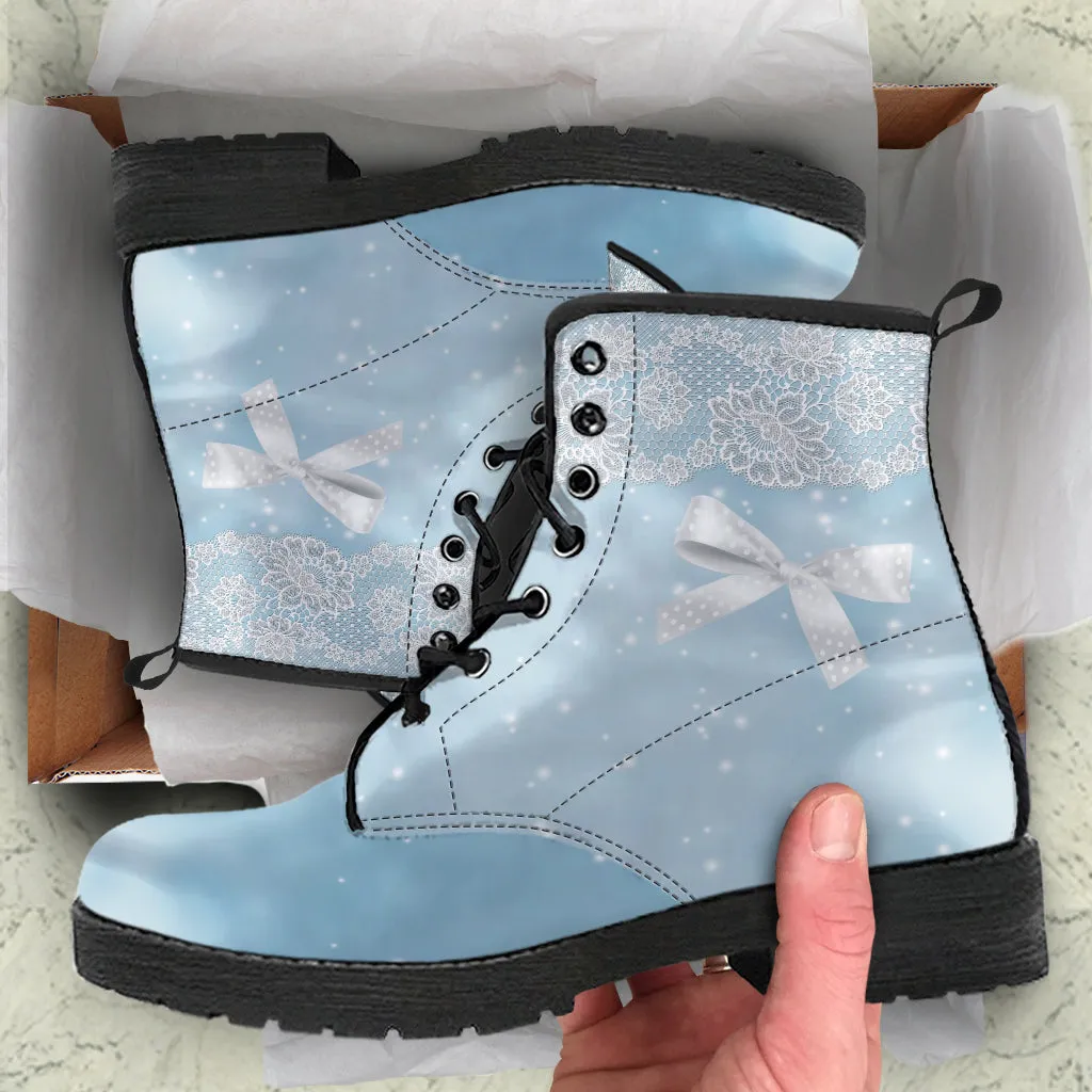 Combat Boots - Bow Series #101 Blue | Vegan Leather Handmade Lace Up Boots, Custom Shoes Boho, Vintage Style, Gift Idea, Aesthetic Shoes