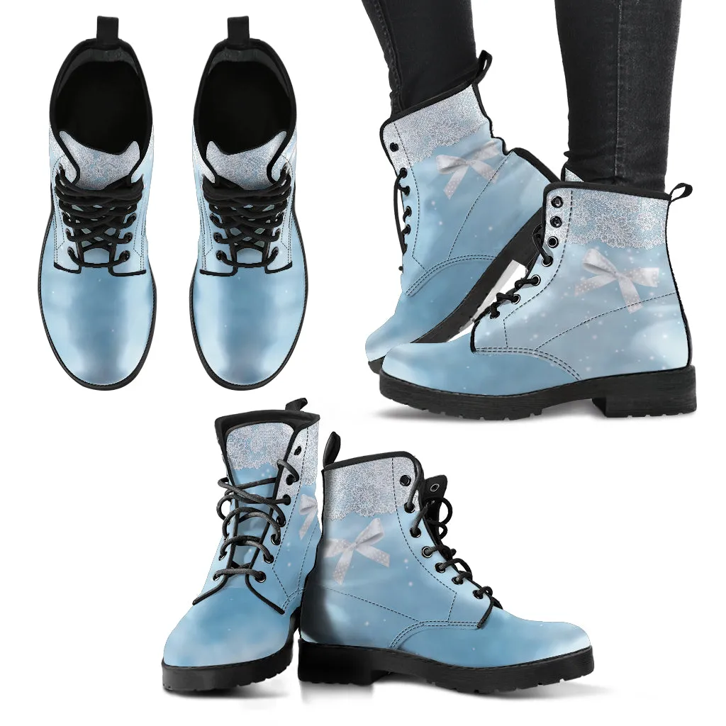 Combat Boots - Bow Series #101 Blue | Vegan Leather Handmade Lace Up Boots, Custom Shoes Boho, Vintage Style, Gift Idea, Aesthetic Shoes