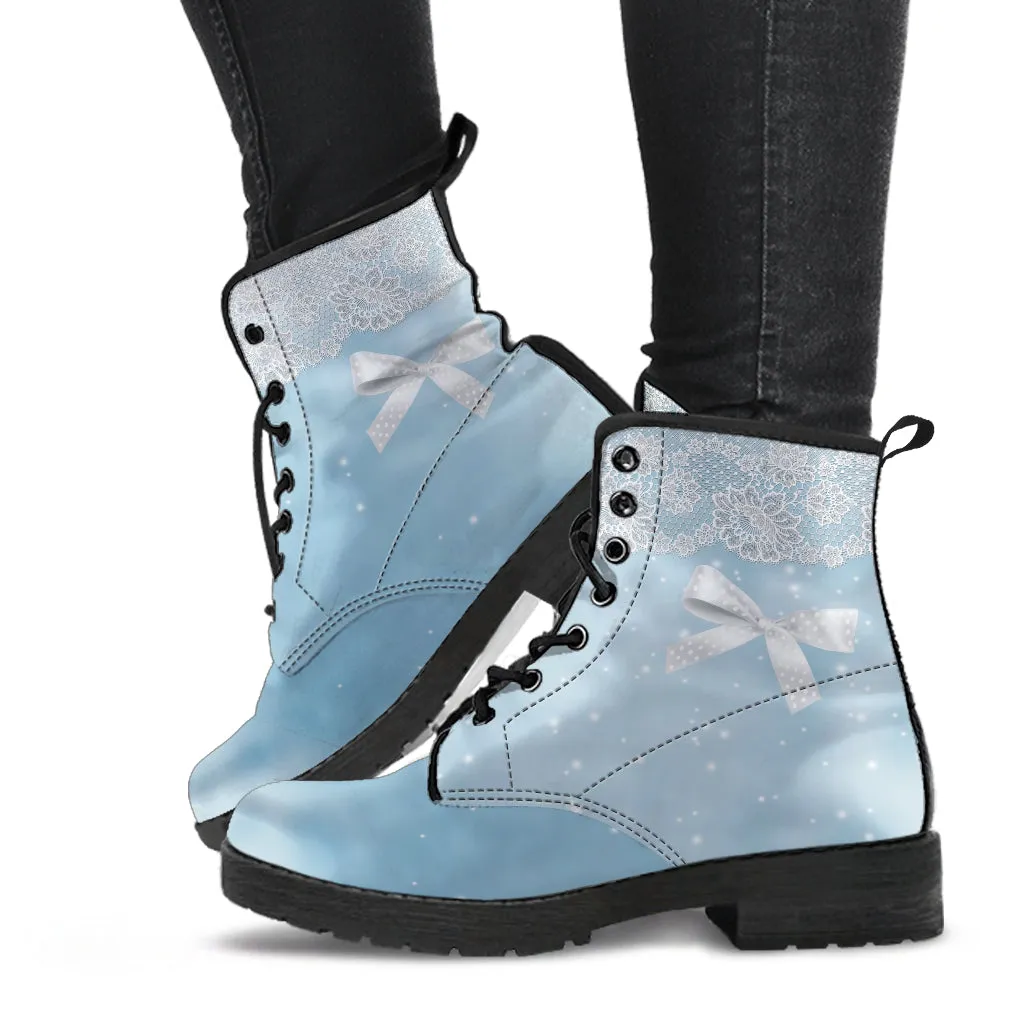 Combat Boots - Bow Series #101 Blue | Vegan Leather Handmade Lace Up Boots, Custom Shoes Boho, Vintage Style, Gift Idea, Aesthetic Shoes