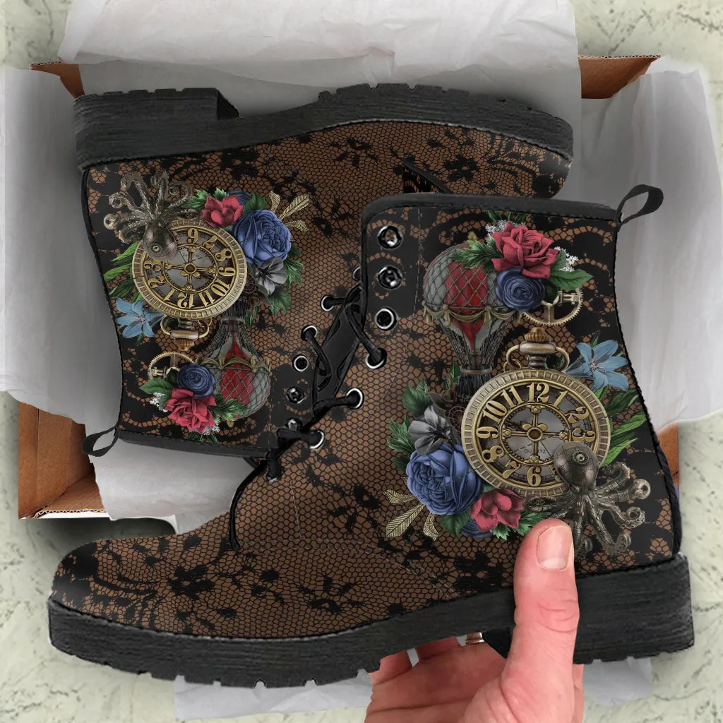 Combat Boots - Steampunk Inspired Design #103 with Black Lace Print | Brown Lace Up Boots Women, Women's Boots, Custom Shoes, Vegan Shoes