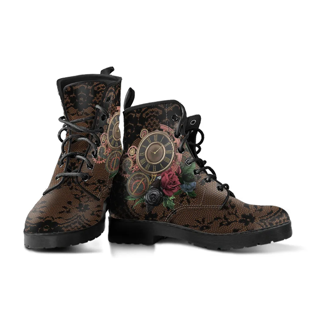 Combat Boots - Steampunk Inspired Design #103 with Black Lace Print | Brown Lace Up Boots Women, Women's Boots, Custom Shoes, Vegan Shoes