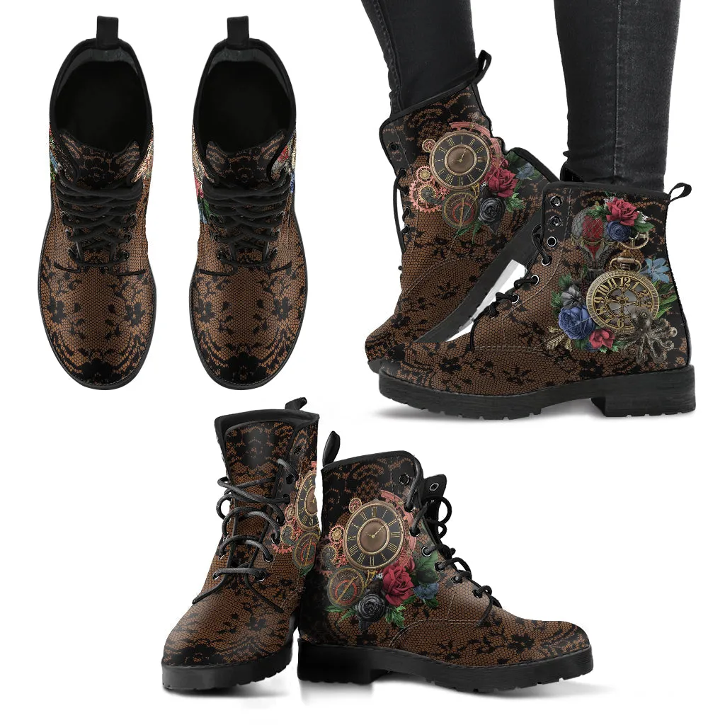 Combat Boots - Steampunk Inspired Design #103 with Black Lace Print | Brown Lace Up Boots Women, Women's Boots, Custom Shoes, Vegan Shoes