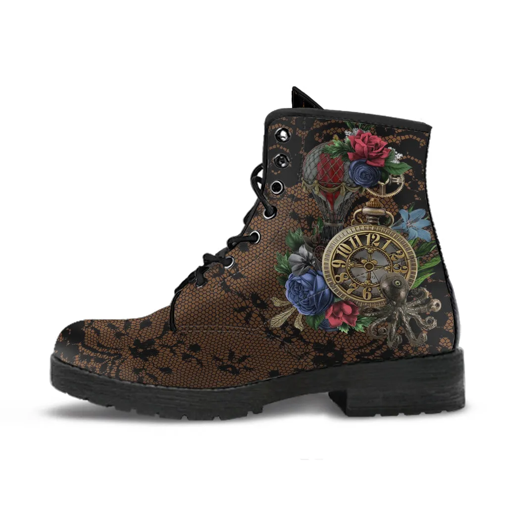 Combat Boots - Steampunk Inspired Design #103 with Black Lace Print | Brown Lace Up Boots Women, Women's Boots, Custom Shoes, Vegan Shoes