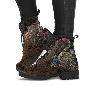 Combat Boots - Steampunk Inspired Design #103 with Black Lace Print | Brown Lace Up Boots Women, Women's Boots, Custom Shoes, Vegan Shoes