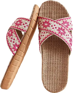 Comfortable Breathable Non Slip Slippers Couple Retro Colour Blocking Printing Beach Outside Wear Home Cotton Linen
