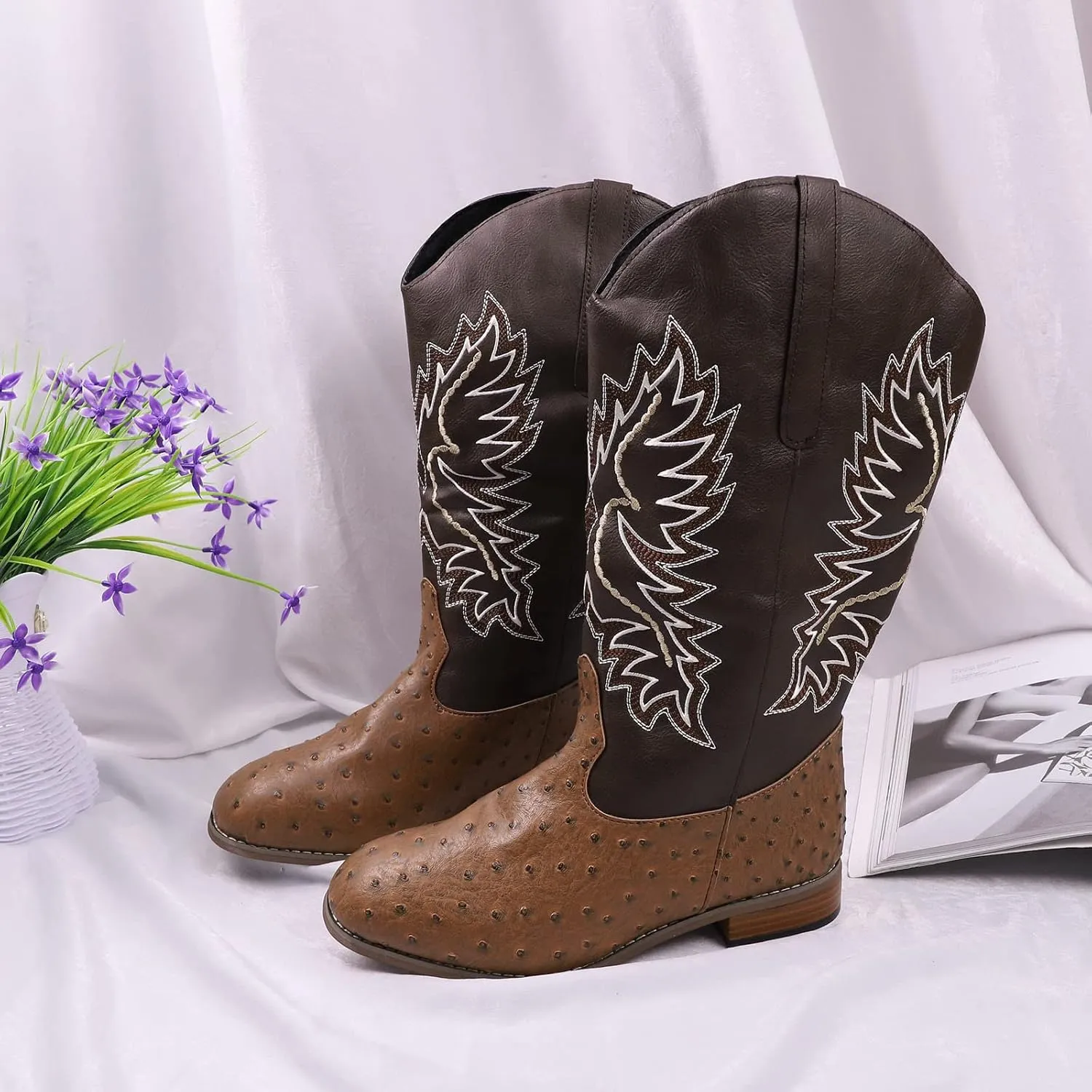 Cowboy Boots for Women Cowgirl Boots Low Heel Boots Western Embroidered Low Heel Pointed Toe Pull on Women Cowboy
