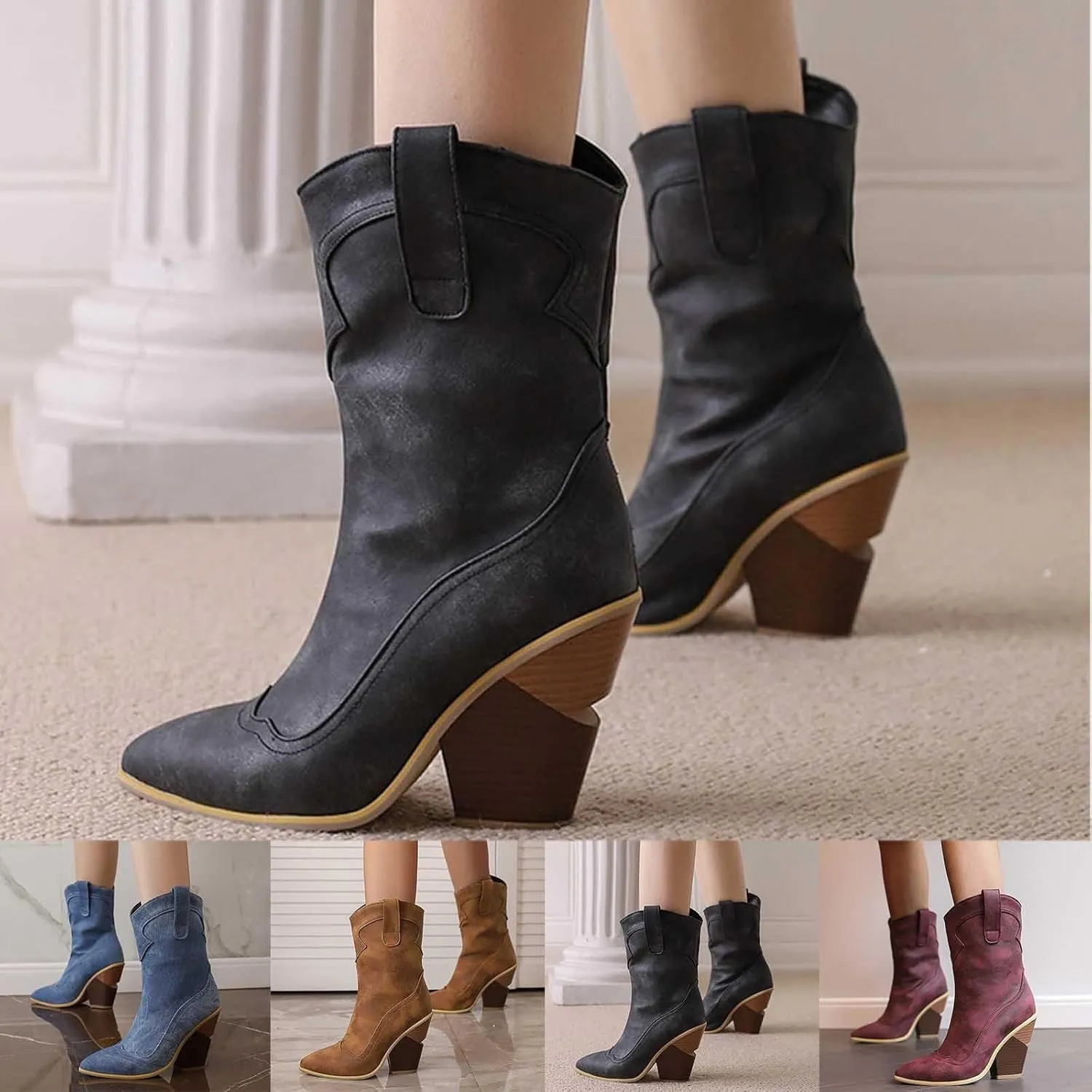 Cowboy Boots for Women Mid Calf Cowgirl Boots Women Cowboy Boots for Women Western Pointed Toe Chunky Heel Ankle Boot