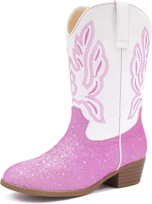 Cowgirl Boots for Little Girls Mid Calf Pointed Toe Kid Cowboy Boots Side Zipper Classic Embroidered Western Boots Horse Riding Shoes Party for Toddler Little Big Kids