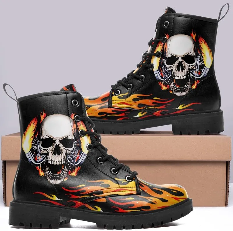 Custom Black Combat Boots for Women Fashion Lace-Up Skull Rose Ankle Booties Chunky Heel Platform Leather Boots