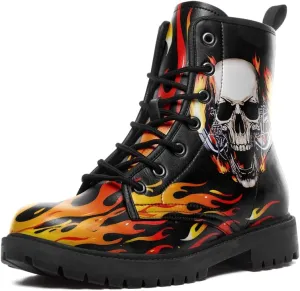 Custom Black Combat Boots for Women Fashion Lace-Up Skull Rose Ankle Booties Chunky Heel Platform Leather Boots