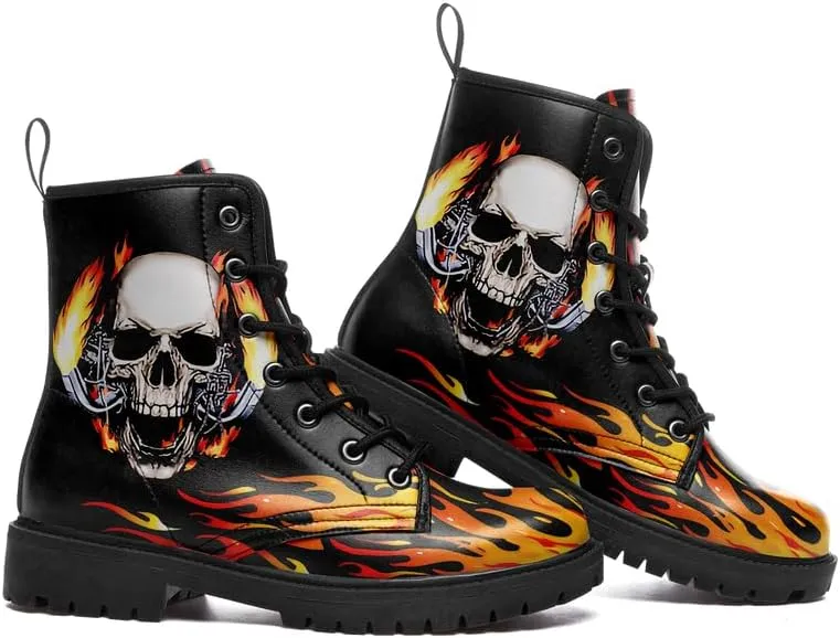 Custom Black Combat Boots for Women Fashion Lace-Up Skull Rose Ankle Booties Chunky Heel Platform Leather Boots