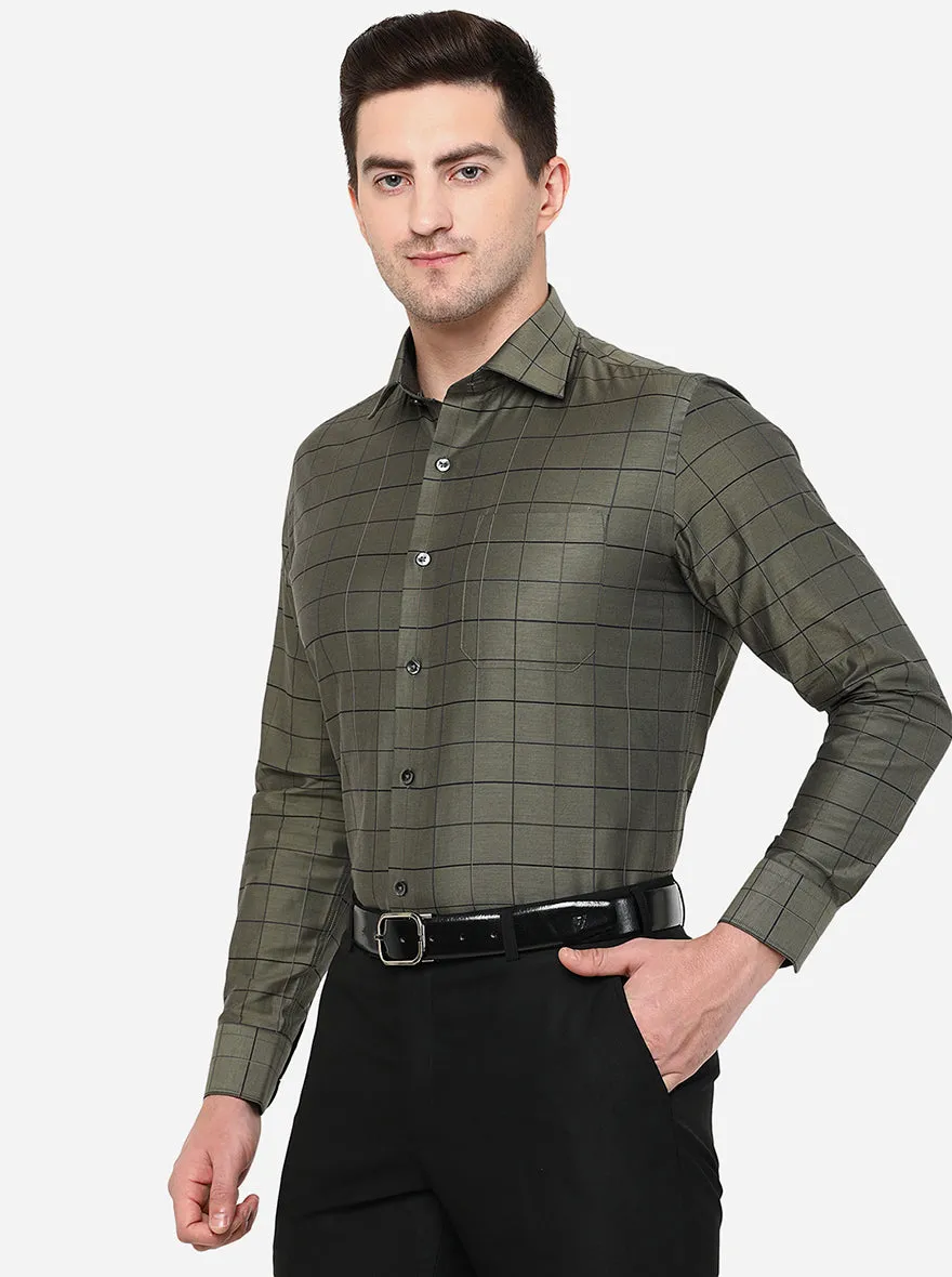 Dark Green Checked Slim Fit Formal Shirt | Metal