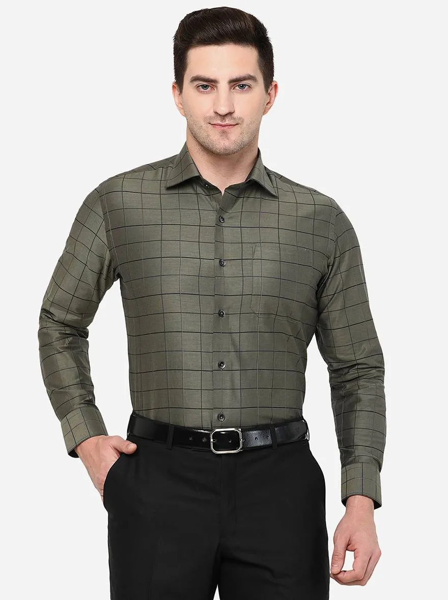 Dark Green Checked Slim Fit Formal Shirt | Metal
