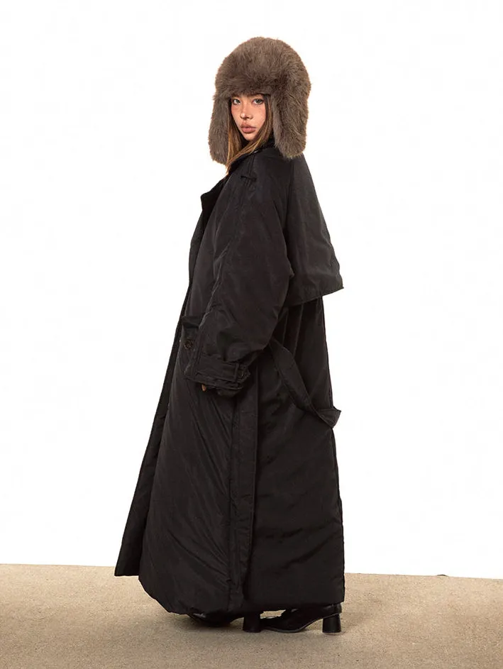 Double Breasted Puffer Long Line Coat with Belt