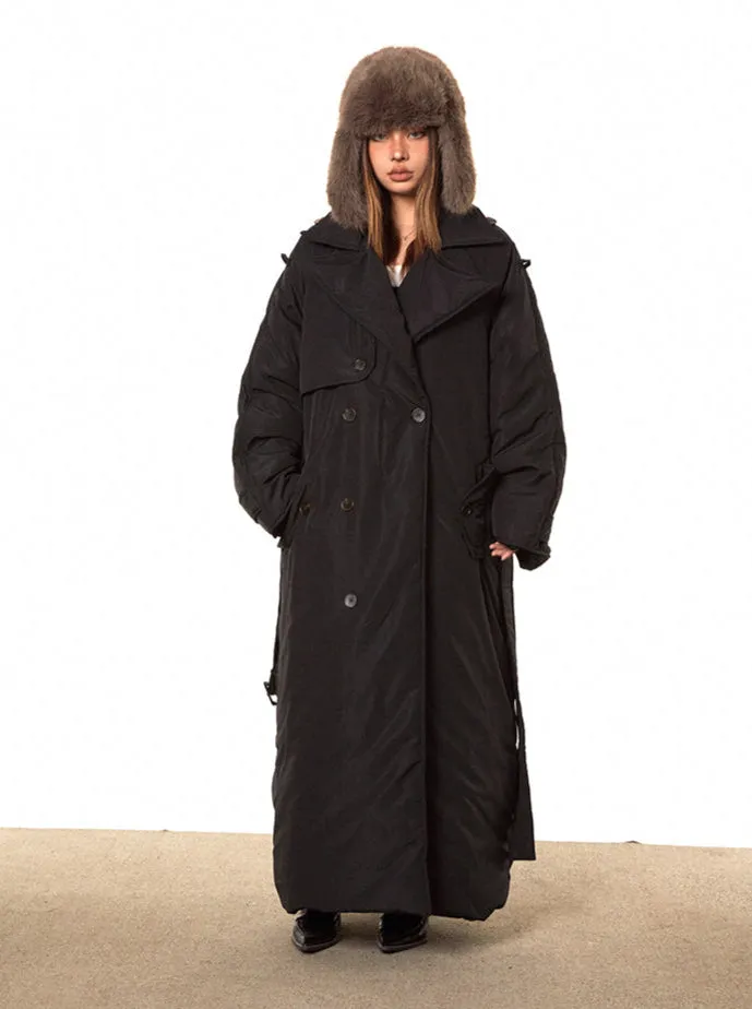 Double Breasted Puffer Long Line Coat with Belt
