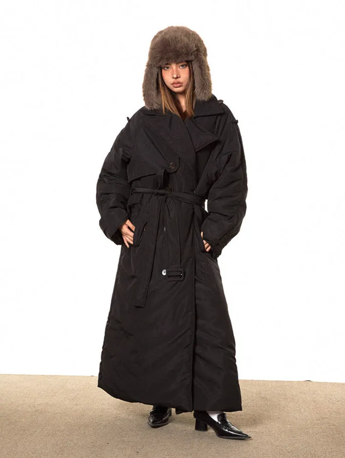 Double Breasted Puffer Long Line Coat with Belt
