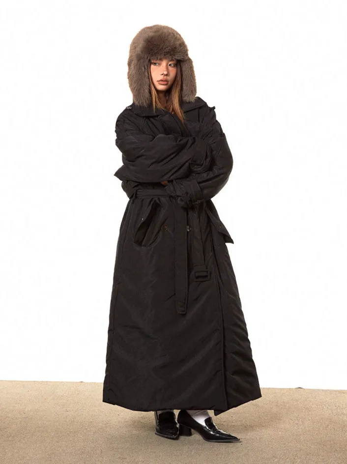 Double Breasted Puffer Long Line Coat with Belt