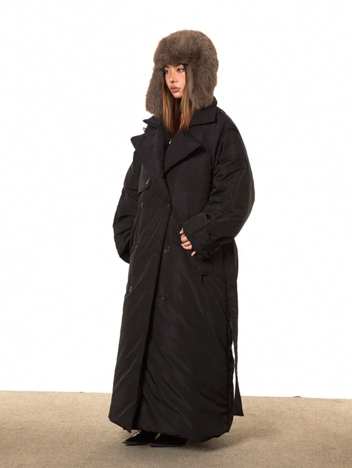 Double Breasted Puffer Long Line Coat with Belt