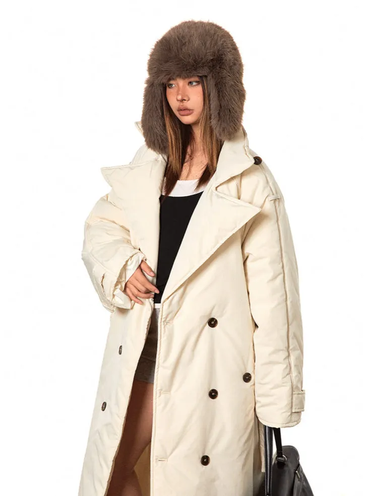 Double Breasted Puffer Long Line Coat with Belt