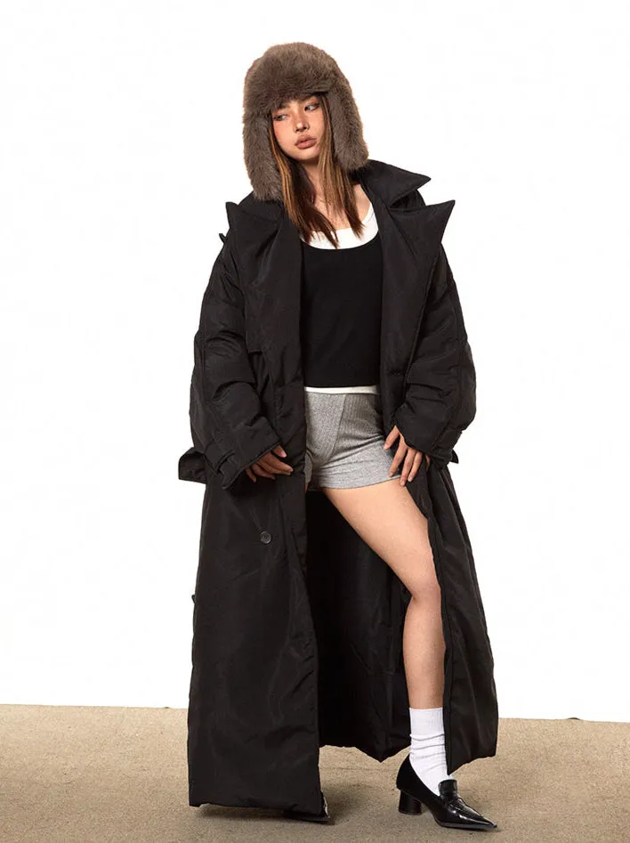 Double Breasted Puffer Long Line Coat with Belt