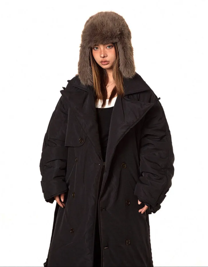 Double Breasted Puffer Long Line Coat with Belt