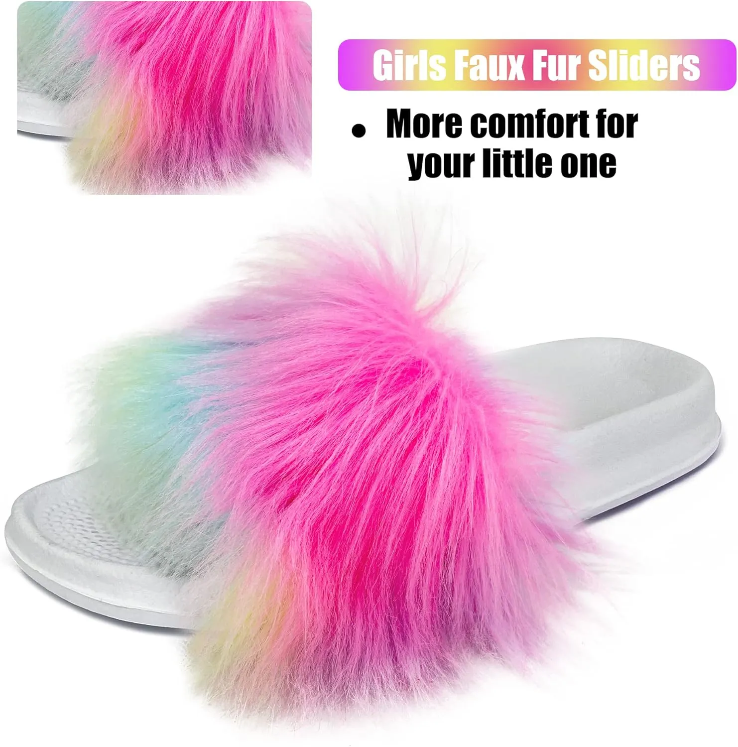 Dream Bridge Girls Summer Slide Sandals Faux Fur Slide Slippers Slip on Fluffy Open Toe Non Slip Casual Beach Pool Flat Everyday Comfort Indoor Outdoor Furry Slide Shoes for Little Girls