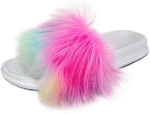 Dream Bridge Girls Summer Slide Sandals Faux Fur Slide Slippers Slip on Fluffy Open Toe Non Slip Casual Beach Pool Flat Everyday Comfort Indoor Outdoor Furry Slide Shoes for Little Girls