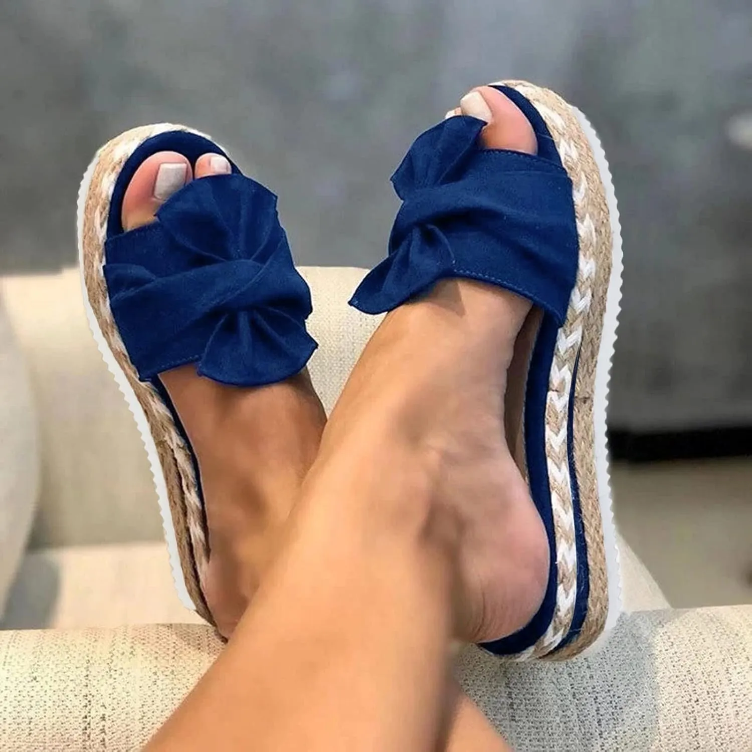 Eduavar Espadrille Sandals for Women, Sandals for Women Dressy Summer Bow Tie Open Toe Slip-on Sandals Wedge Platform Sandals