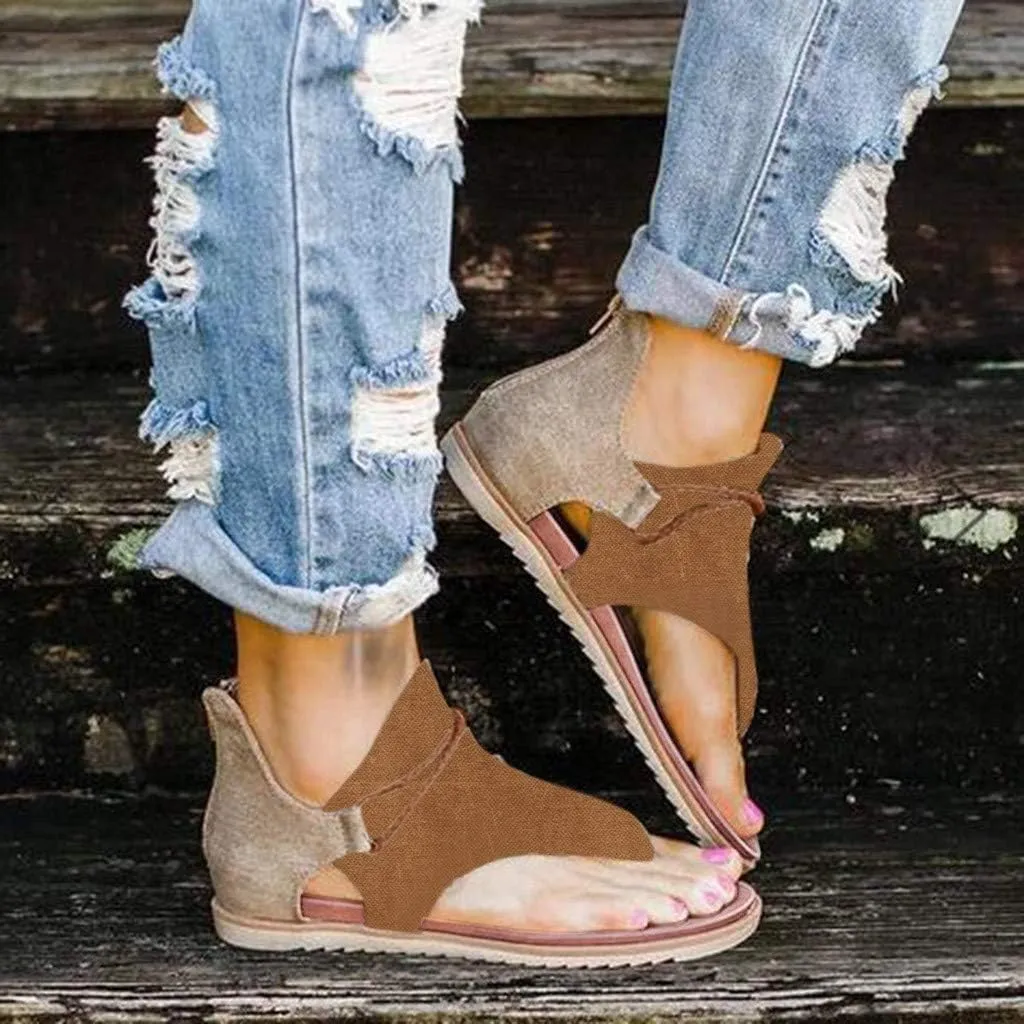 Eduavar Gladiator Sandals for Women, Sandals for Women Casual Summer Open Toe Flip Flops Zip Up Sandals Suede Flat Sandals