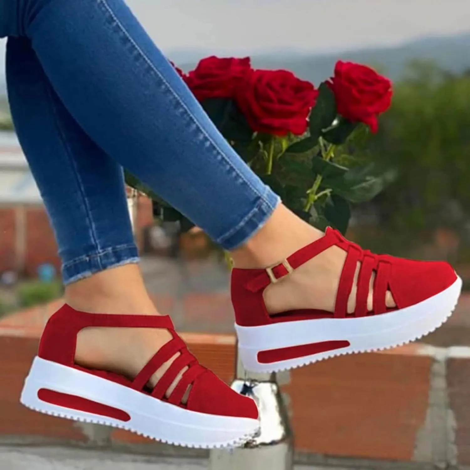 Eduavar Platform Sandals Women Casual, Closed Toe Sandals Women Breathable Sports Sandals Summer Wedge Sandals with Buckle