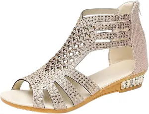 Eduavar Sandals for Women Casual Summer, Wedge Sandals for Women Fashion Rhinestone Open Toe Low Wedge Sandals Zip Up Shoes