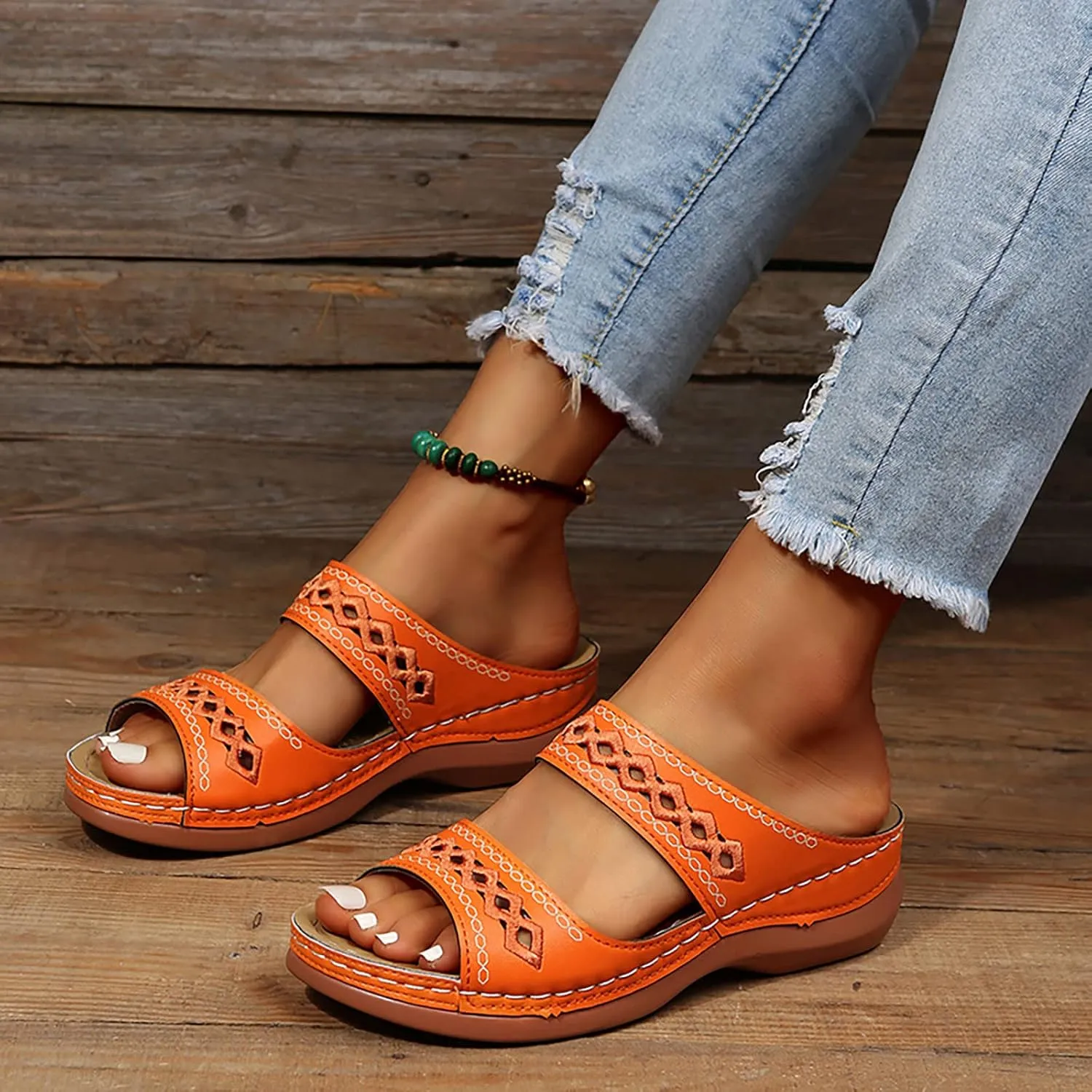 Eduavar Sandals Women Comfortable, Orthopedic Sandals for Women Summer Casual Peep Toe Sandals Slip-on Comfy Slippers Shoes