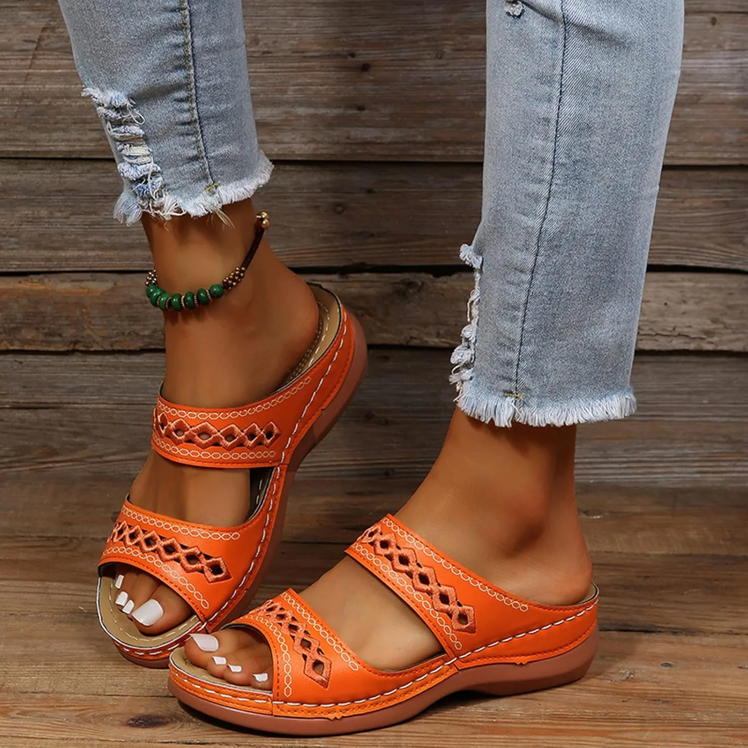 Eduavar Sandals Women Comfortable, Orthopedic Sandals for Women Summer Casual Peep Toe Sandals Slip-on Comfy Slippers Shoes