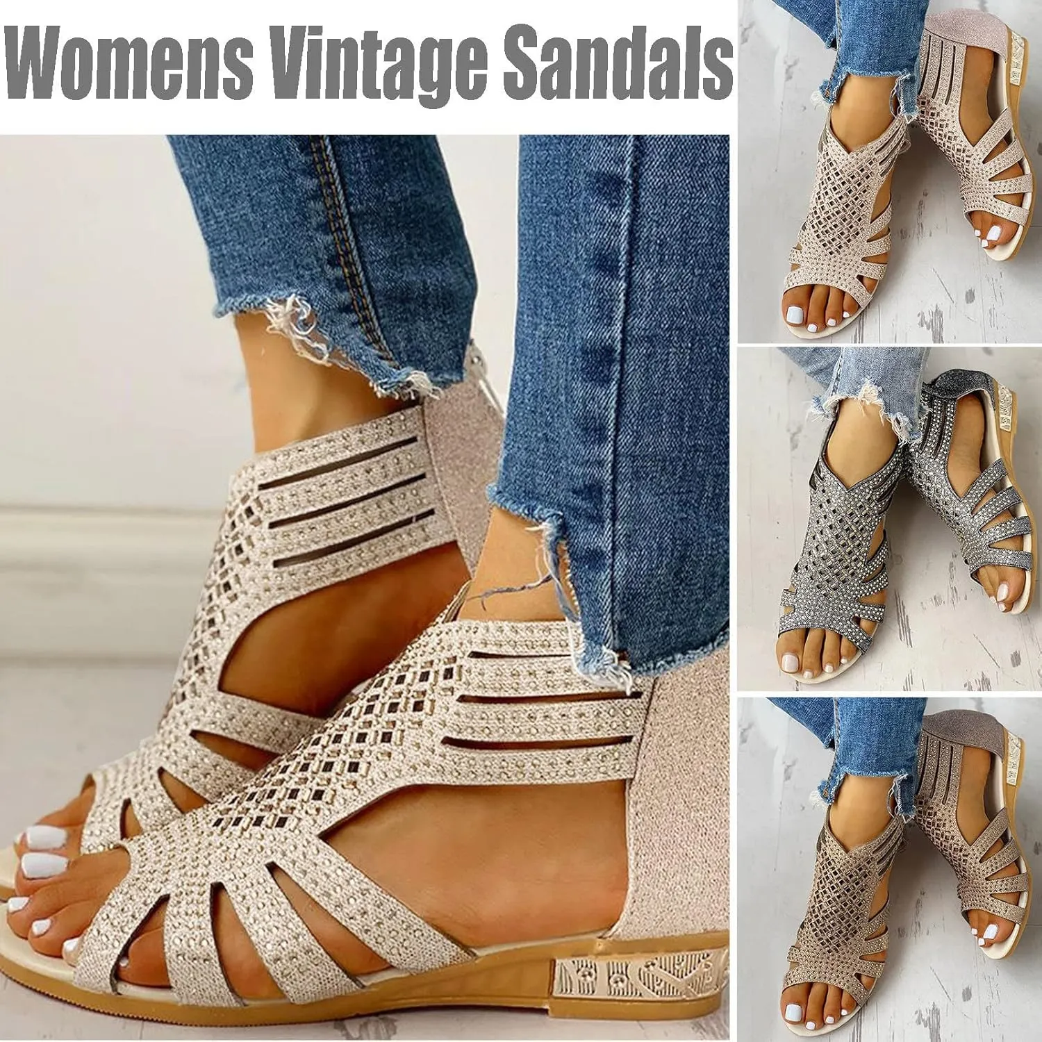 Eduavar Sandals Women Dressy Summer, Orthopedic Sandals for Women Low Wedge Sandals Cutout Zip Up Crystal Sandals Shoes