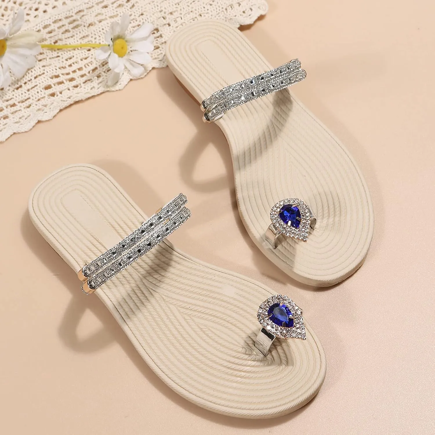 Eduavar Summer Sandals for Women 2023, Orthopedic Sandals for Women Rhinestone Flat Sandals Comfortable Ring Toe Slippers