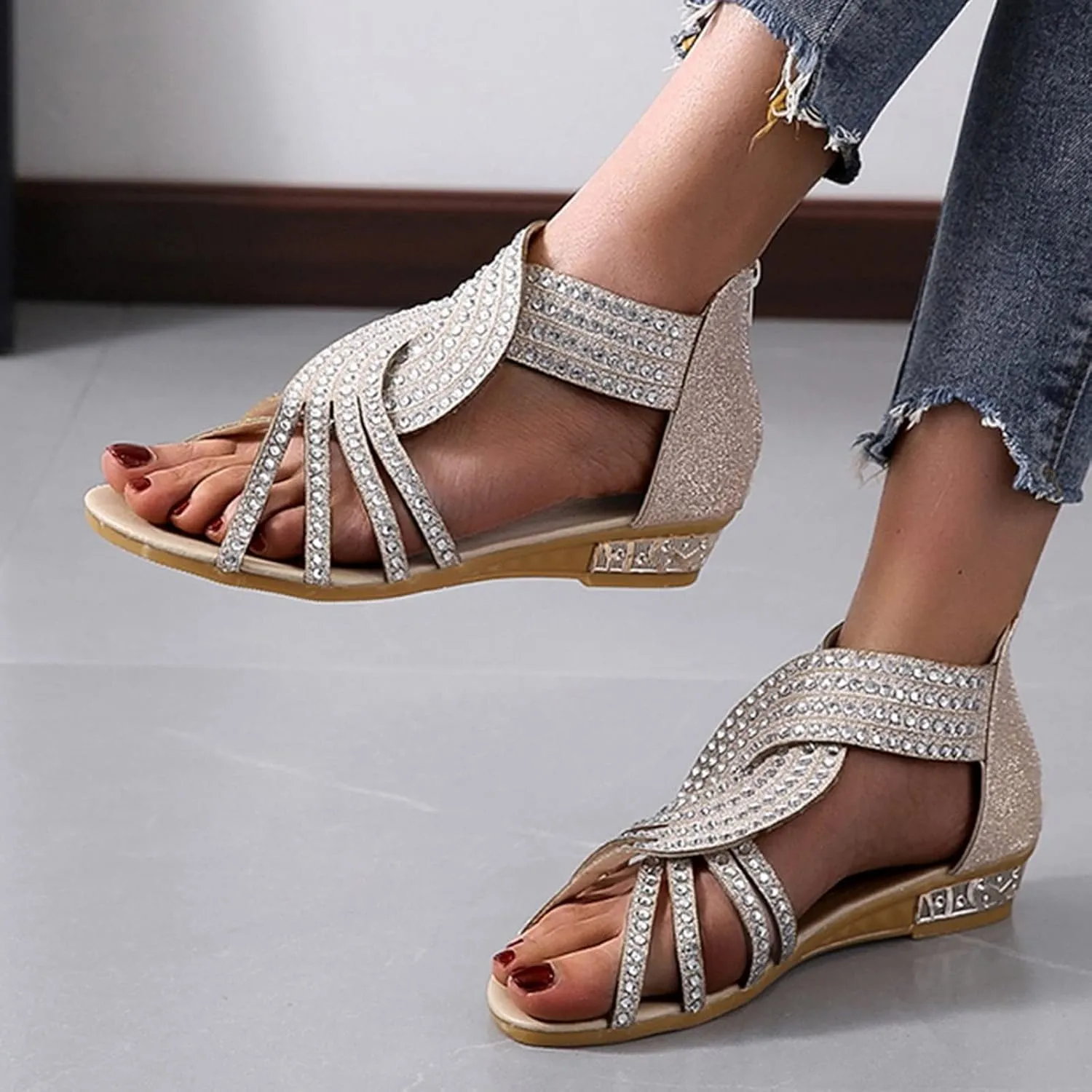 Eduavar Summer Sandals for Women 2023, Sandals Women Dressy Rhinestones Wedge Sandals Open Toe Zip Up Sandals Shoes