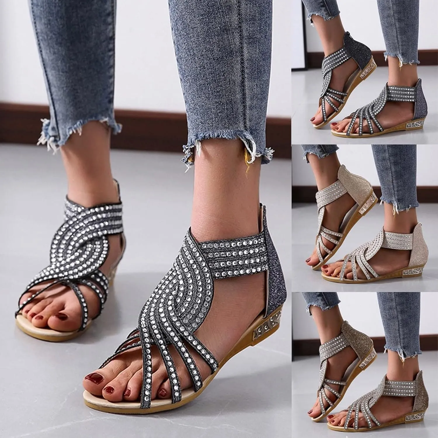 Eduavar Summer Sandals for Women 2023, Sandals Women Dressy Rhinestones Wedge Sandals Open Toe Zip Up Sandals Shoes