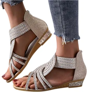 Eduavar Summer Sandals for Women 2023, Sandals Women Dressy Rhinestones Wedge Sandals Open Toe Zip Up Sandals Shoes