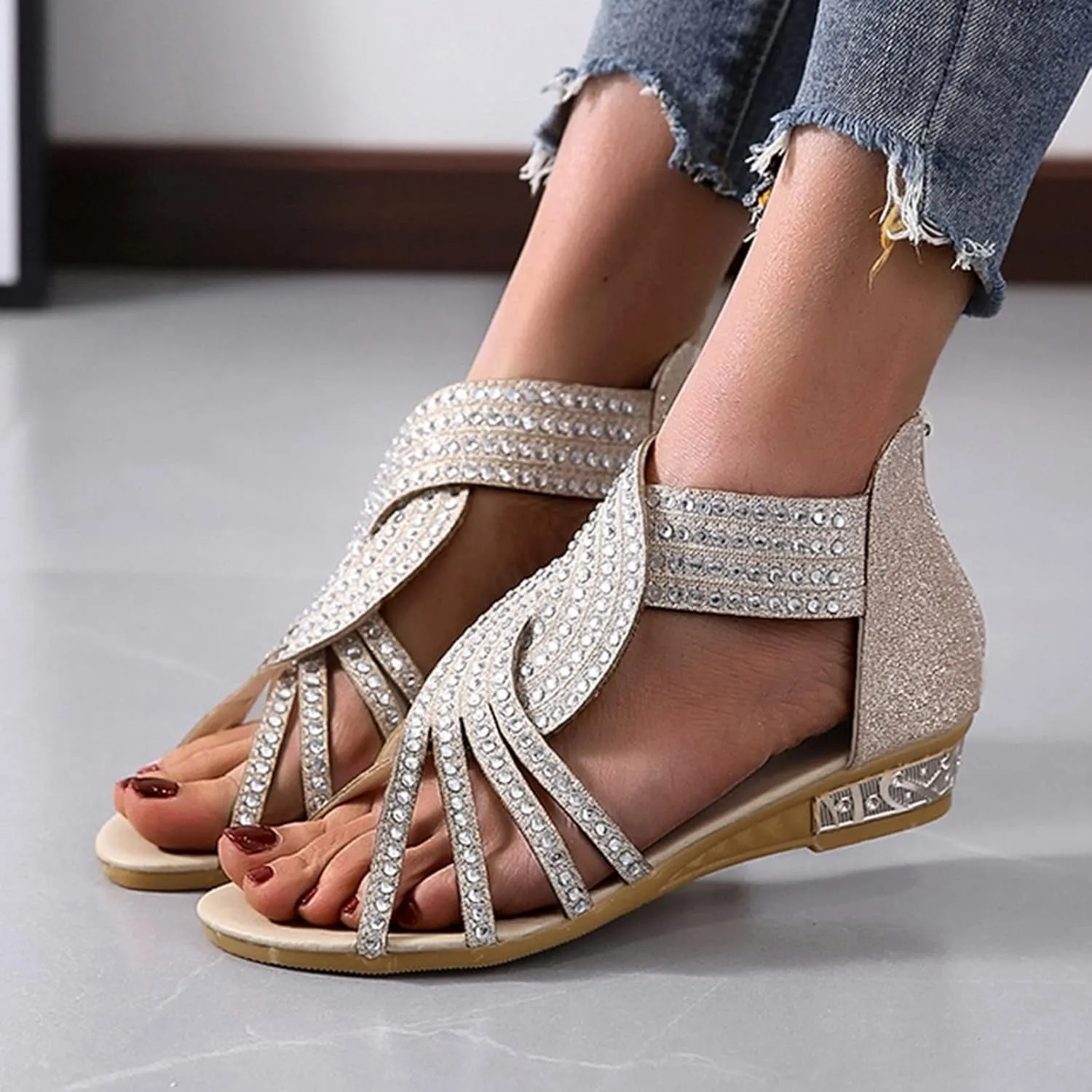 Eduavar Summer Sandals for Women 2023, Sandals Women Dressy Rhinestones Wedge Sandals Open Toe Zip Up Sandals Shoes