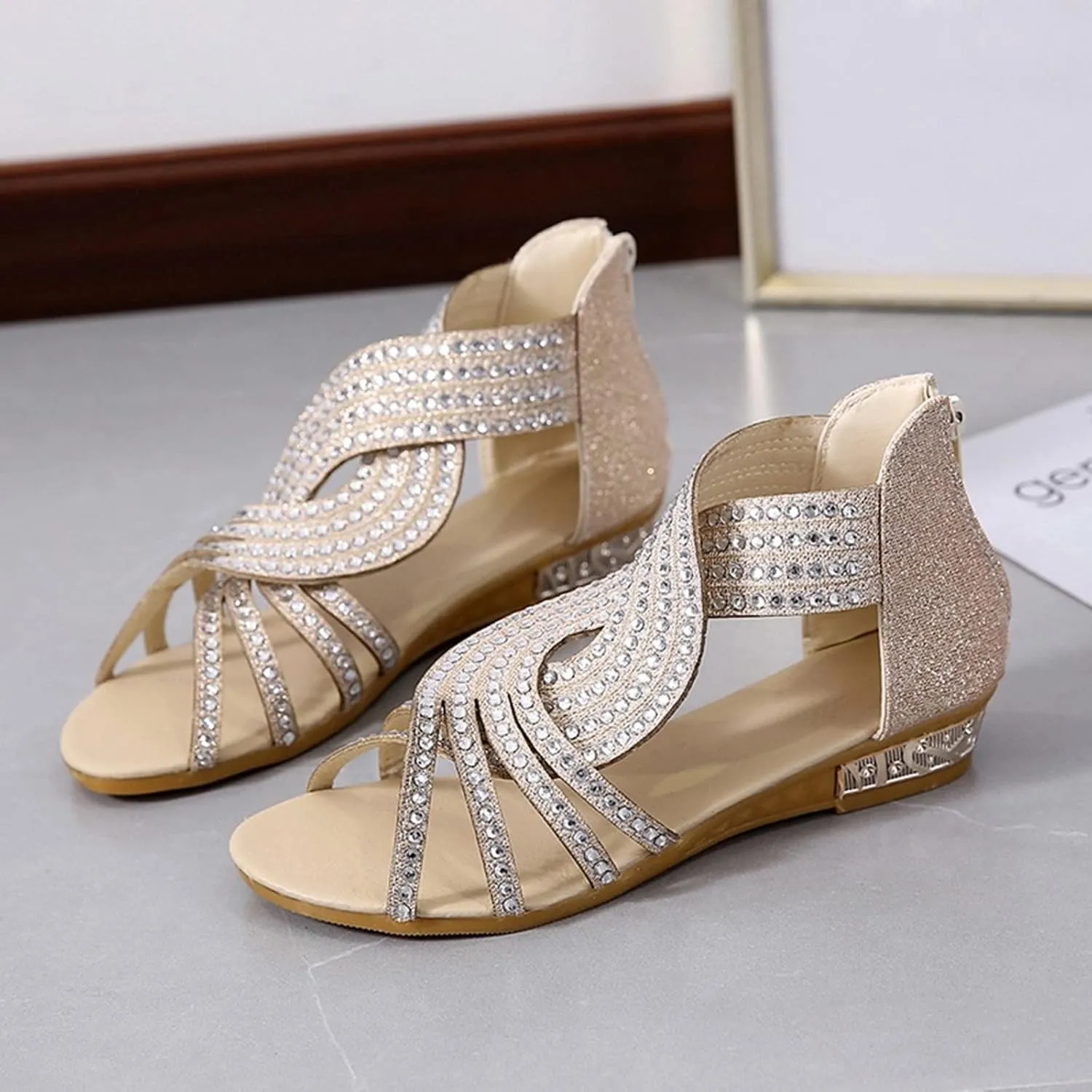 Eduavar Summer Sandals for Women 2023, Sandals Women Dressy Rhinestones Wedge Sandals Open Toe Zip Up Sandals Shoes