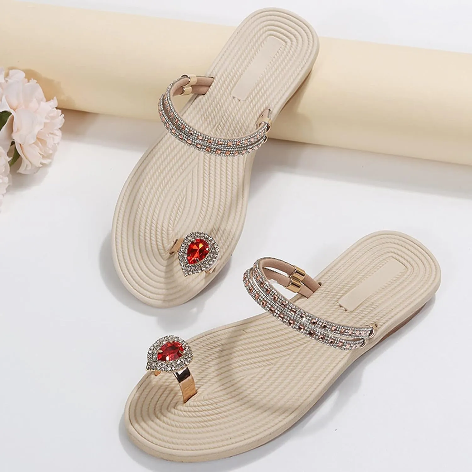 Eduavar Summer Sandals for Women, Orthopedic Sandals for Women Rhinestone Flat Sandals Comfortable Ring Toe Slippers