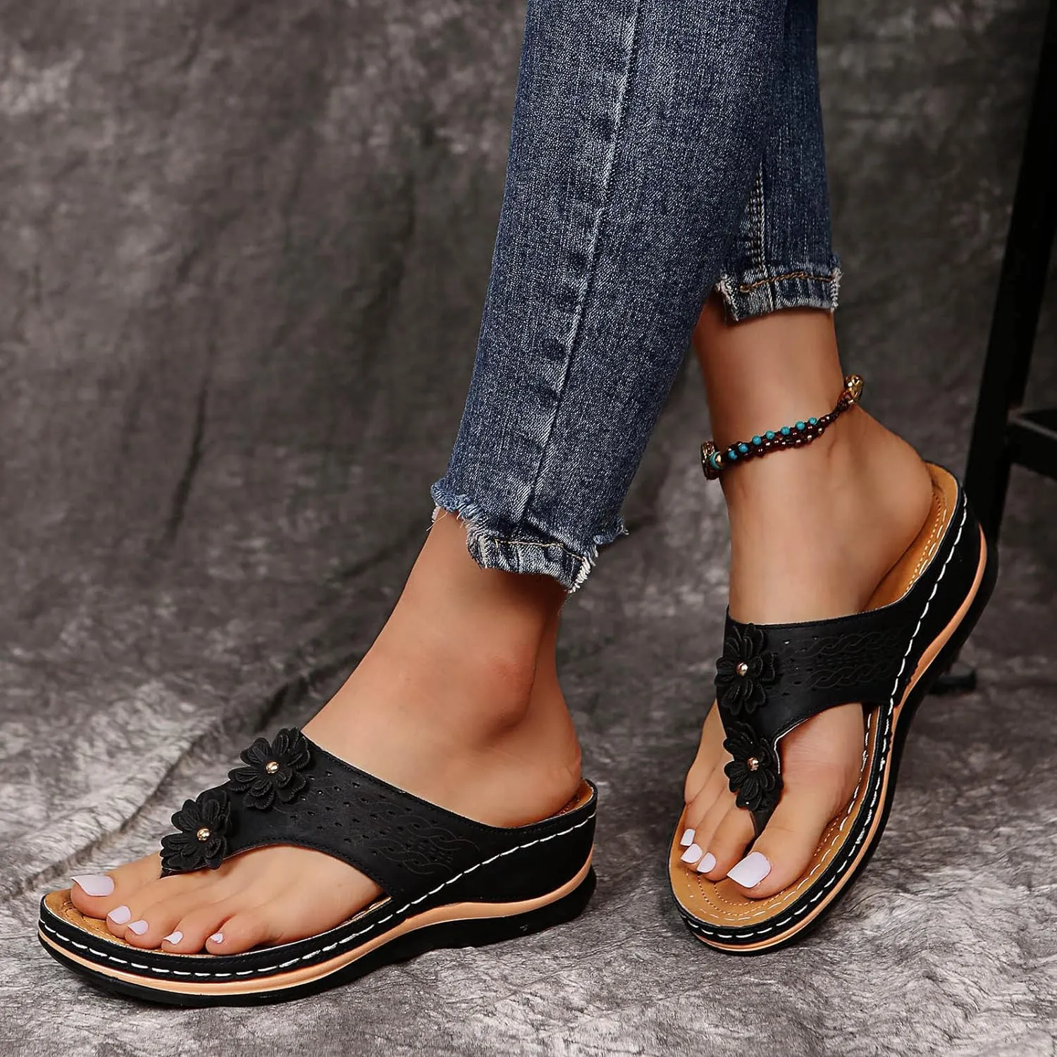 Eduavar Wedge Sandals for Women, Orthopedic Sandals for Women Arch Support Open Toe Flip Flops Sandals Summer Beach Sandals