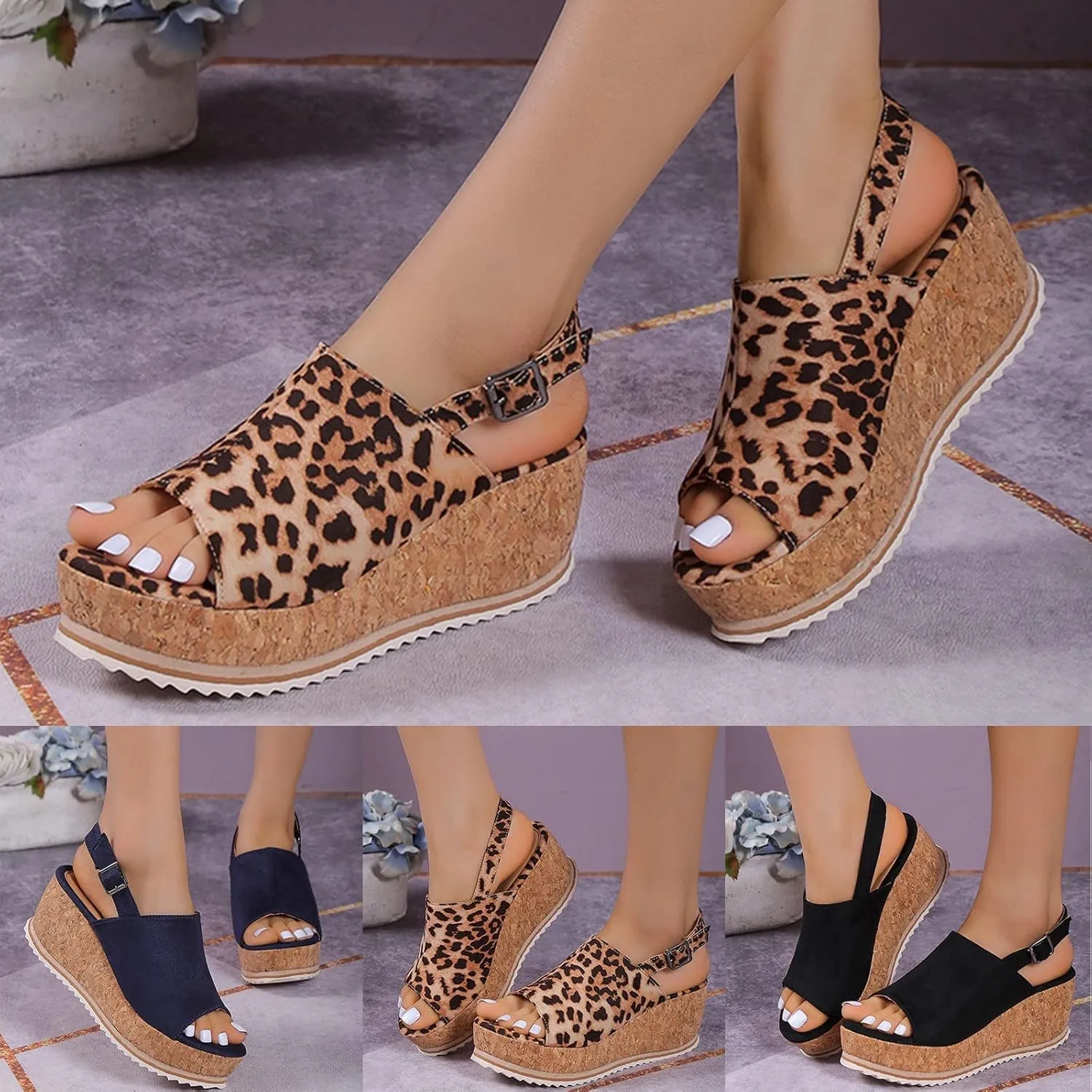 Eduavar Womens Wedge Sandals, Orthopedic Sandals for Women Leopard Platform Sandals Peep Toe Anti-Slip Sandals