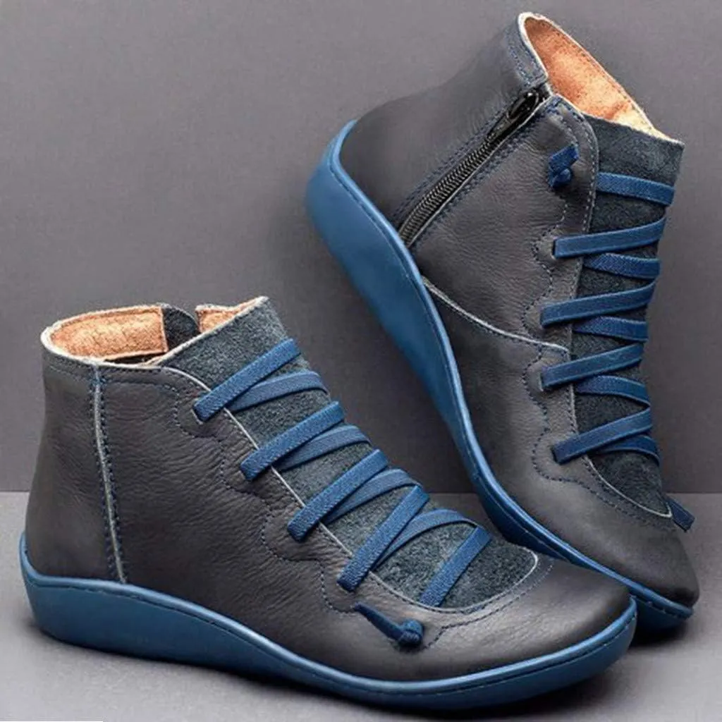 Fall Boots Womens Boots Ankle Round Toe Casual Lace-up Women's Boots Shoe Flat Side Zipper Boots Retro Women's Boots