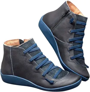 Fall Boots Womens Boots Ankle Round Toe Casual Lace-up Women's Boots Shoe Flat Side Zipper Boots Retro Women's Boots